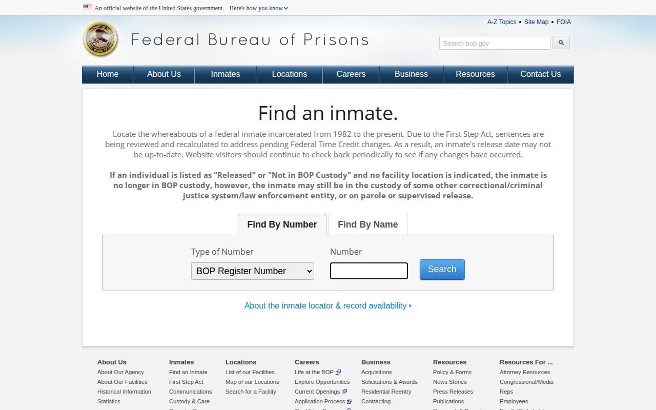 Screenshot of the Federal Bureau of Prisons inmate locator
