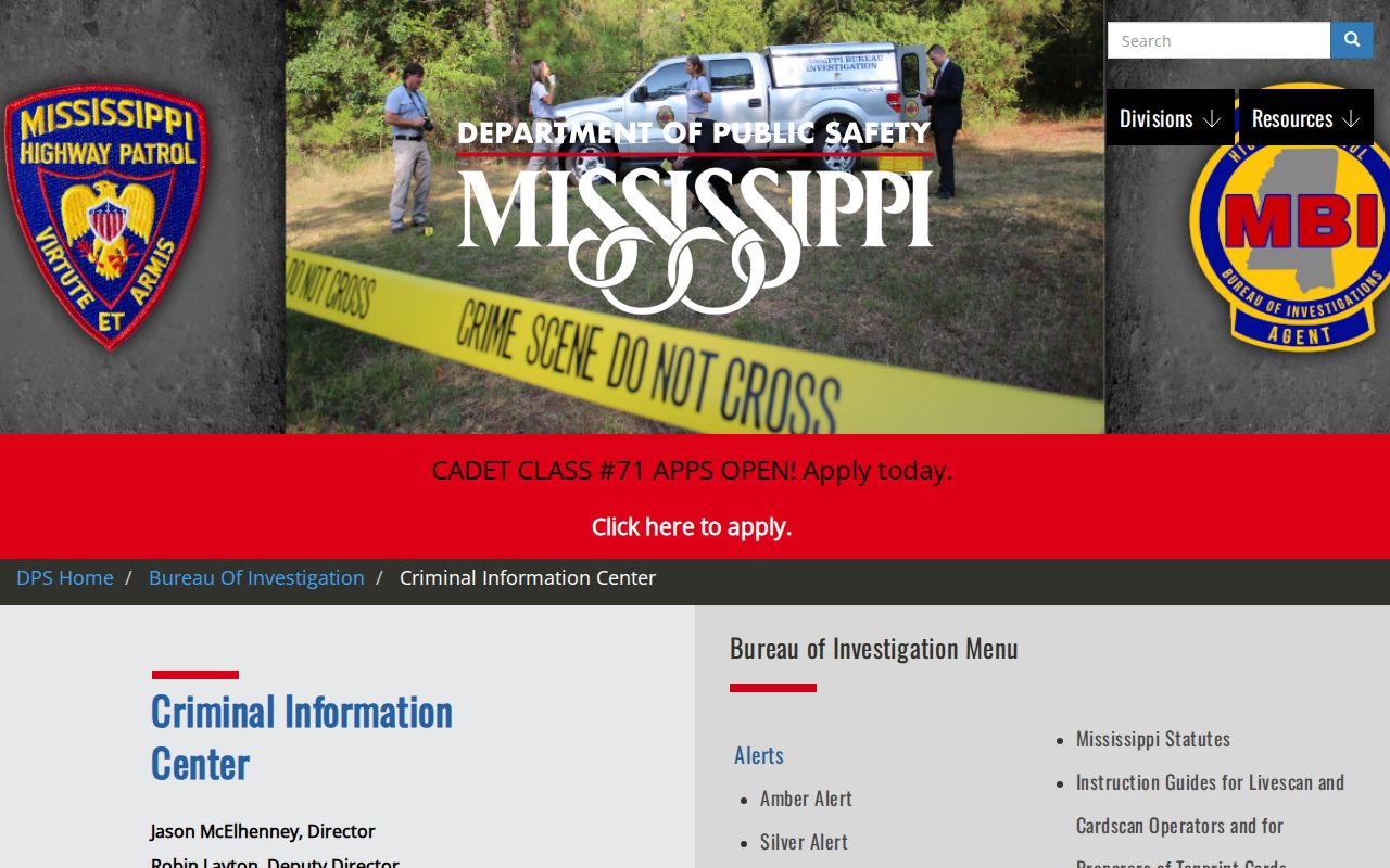 Screenshot of the Mississippi DPS Criminal Information Center page
