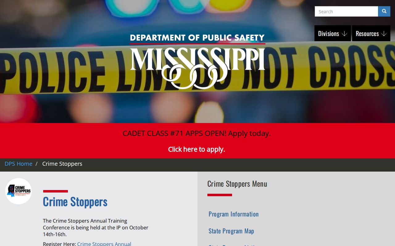 Screenshot of the official Mississippi DPS Crime Stoppers page
