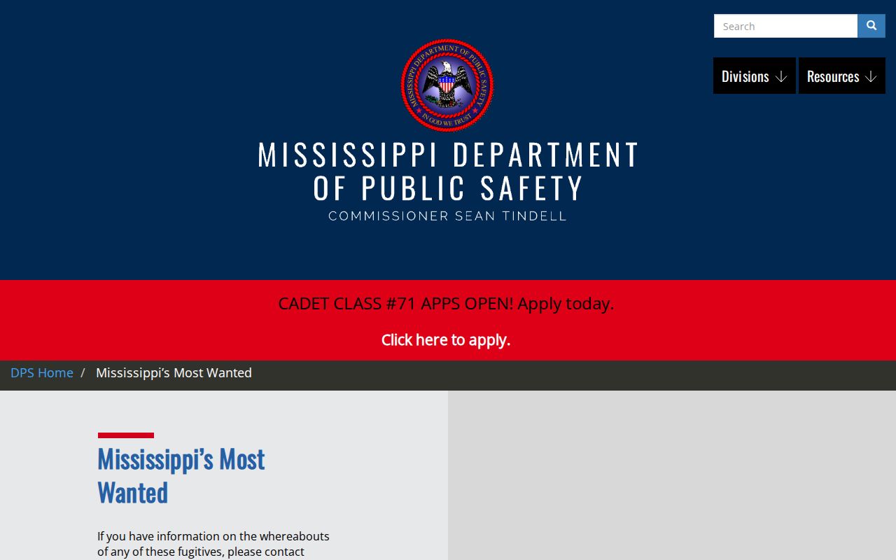 Screenshot of the official Mississippi DPS Most Wanted page
