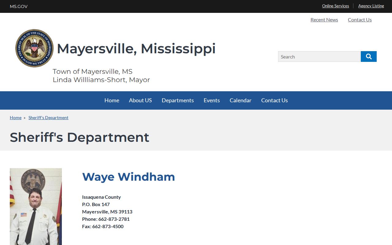 Mayersville sheriff contact page for Issaquena County booking-record inquiries